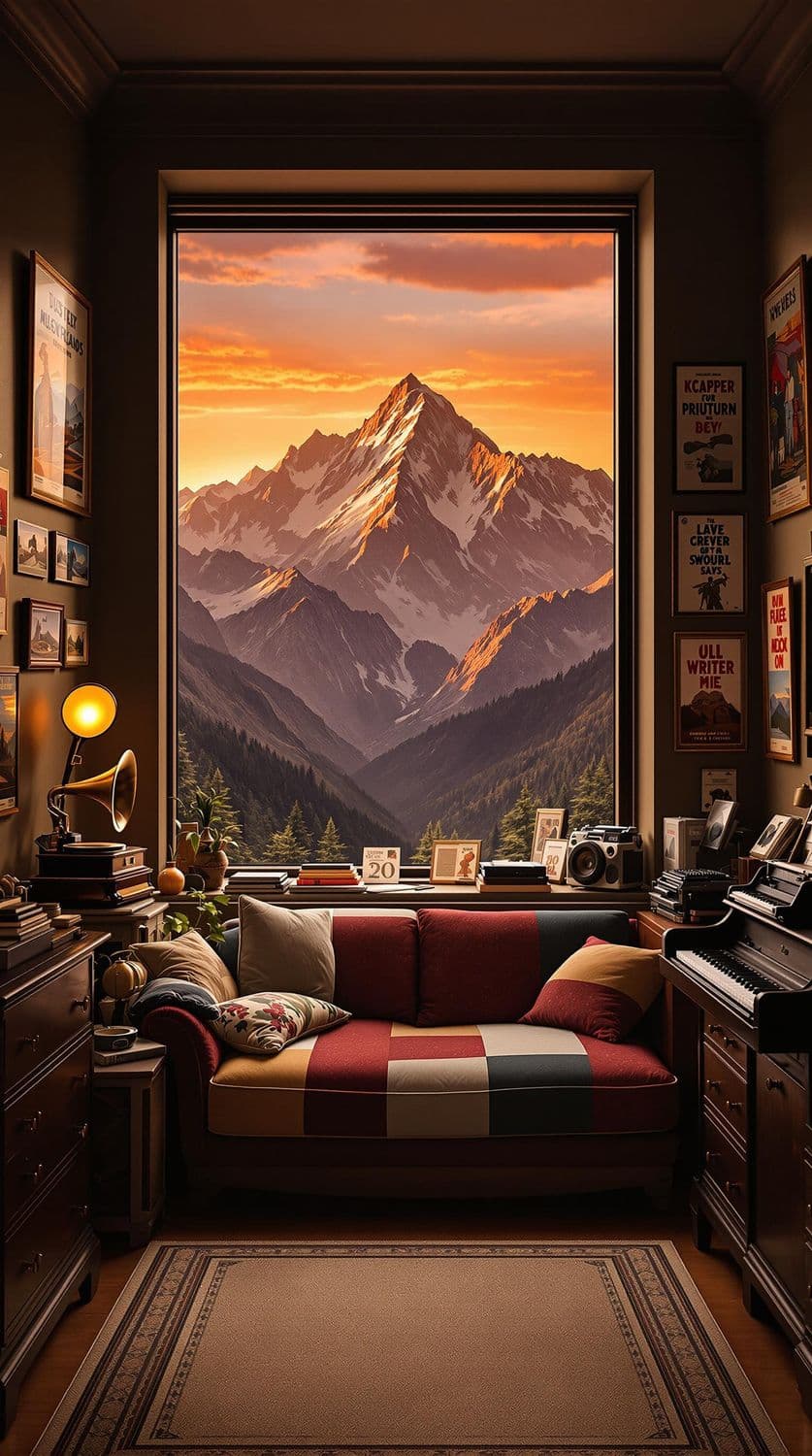 Vintage Living Room with Mountain View