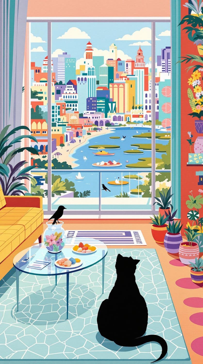 Seaside Cityscape from a Living Room