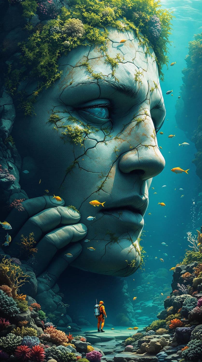 Submerged Stone Face in Coral Reef