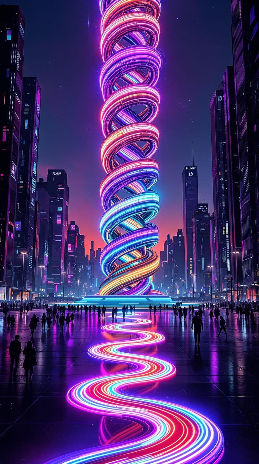 Neon Spiral Tower at Dusk