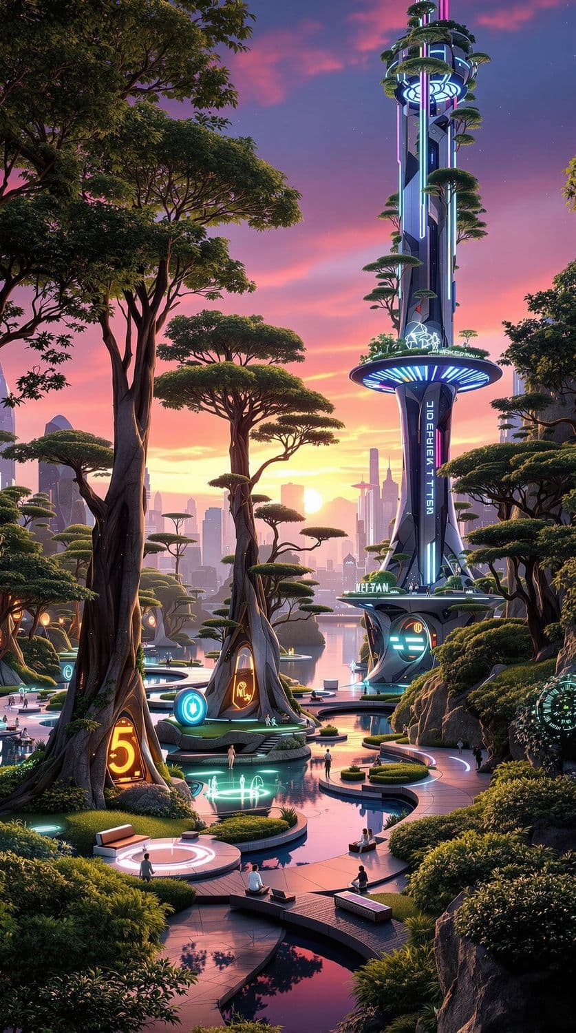 Futuristic Urban Park at Sunset