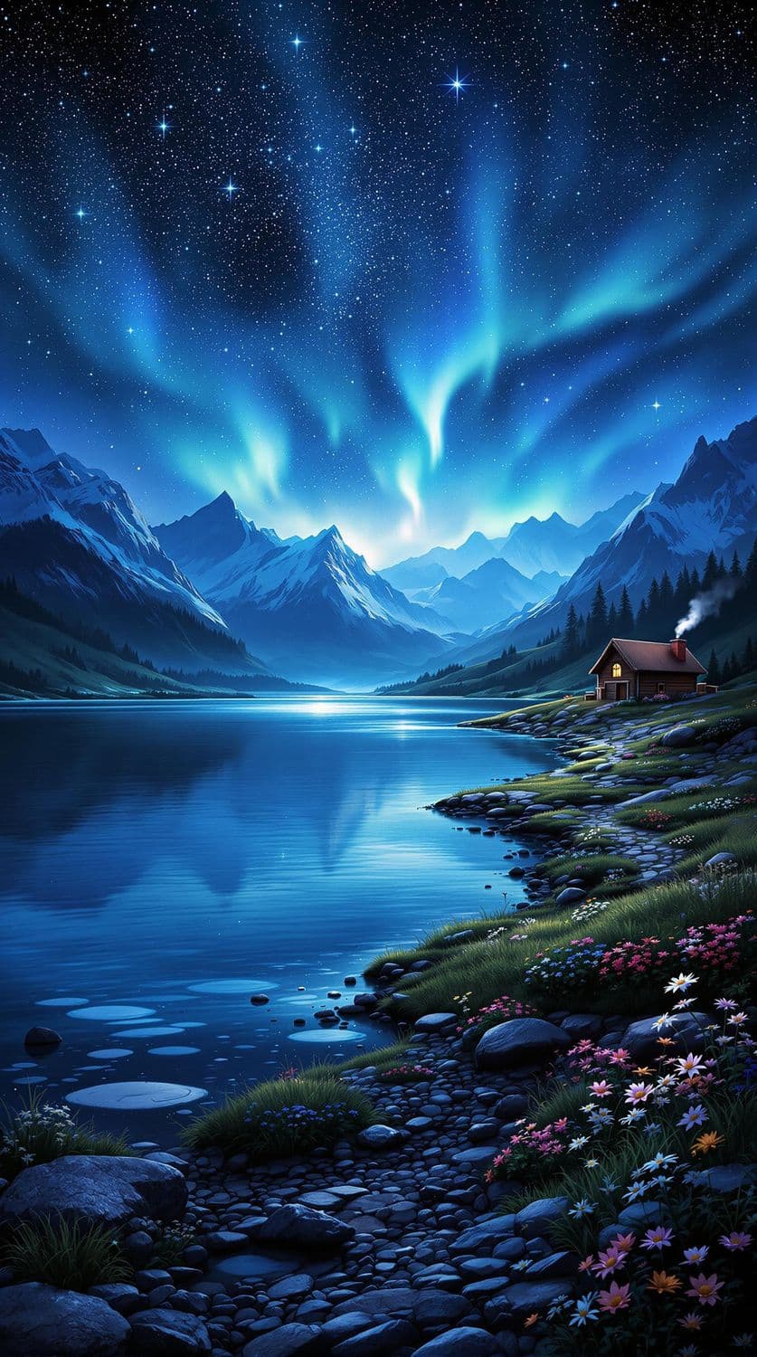 Northern Lights Over Mountain Lake