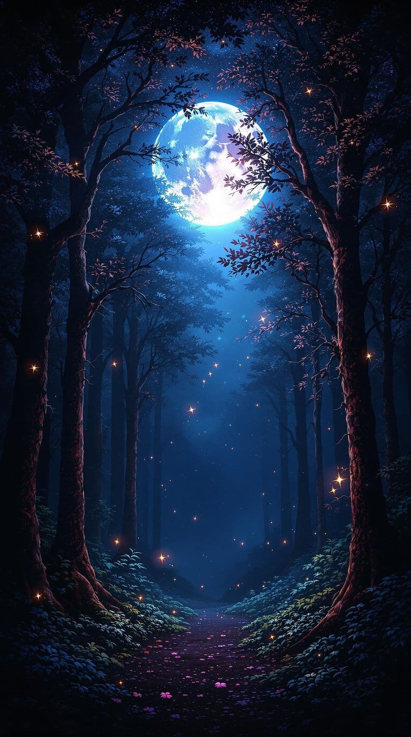 Mystical Forest Under Blue Moonlight