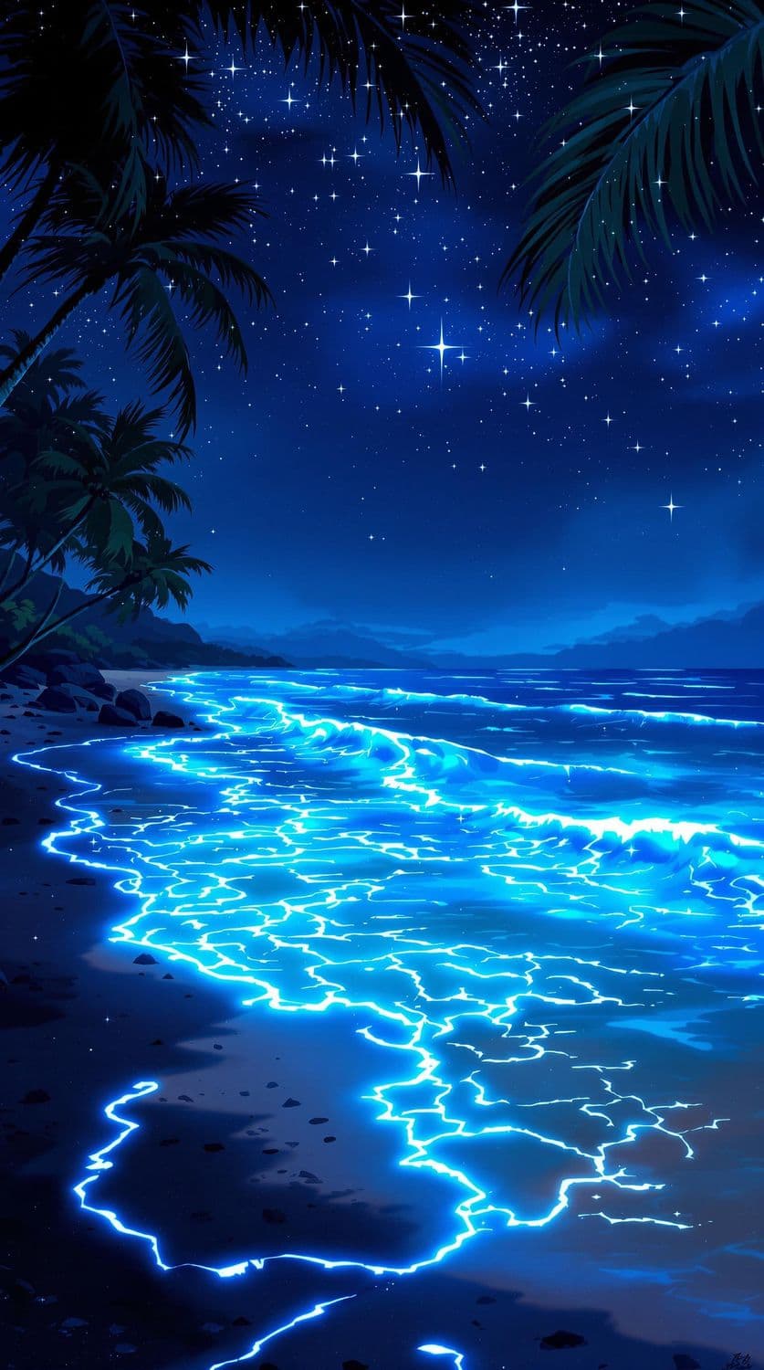 Bioluminescent Waves Under a Starry Sky