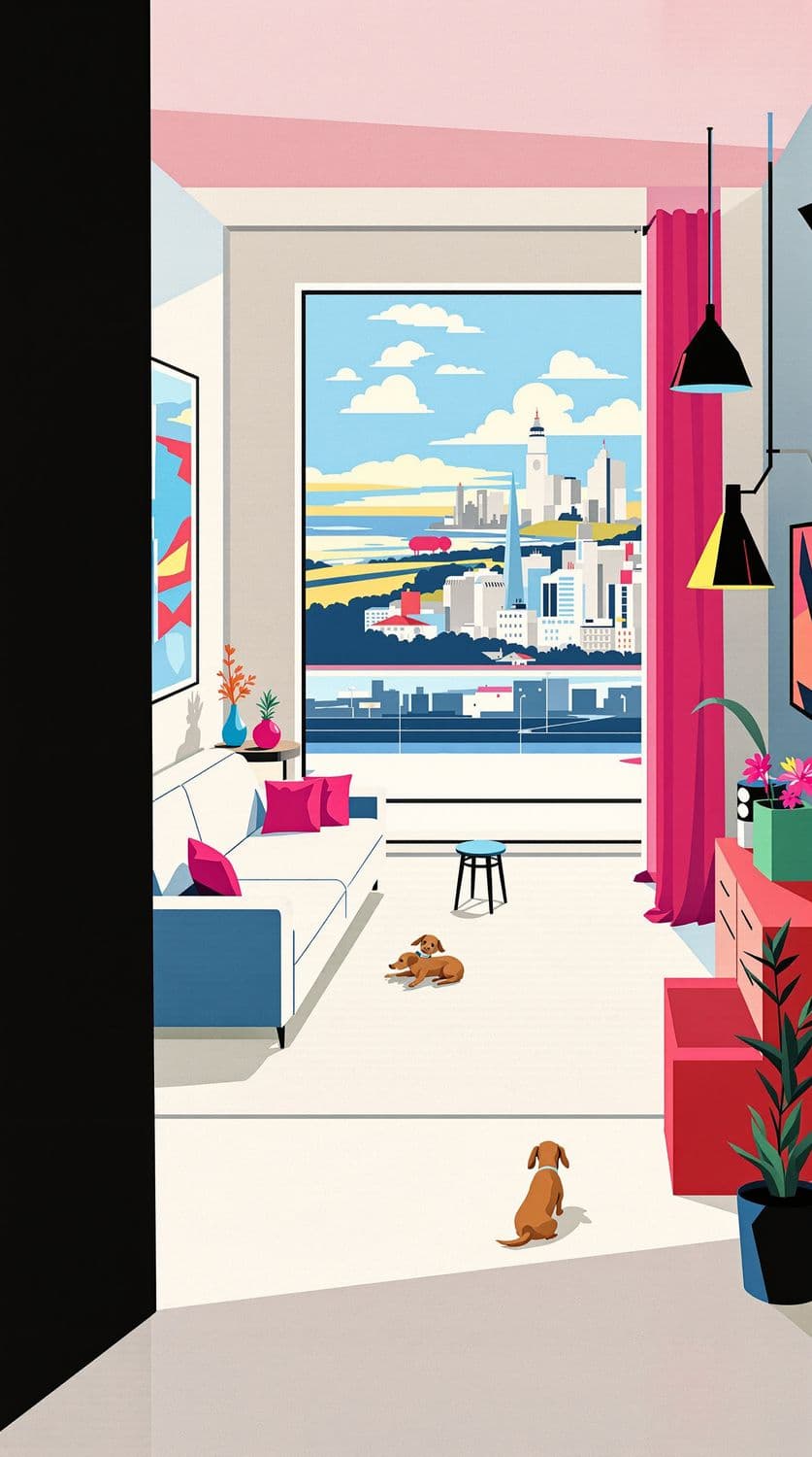 Living Room with Urban Skyline View