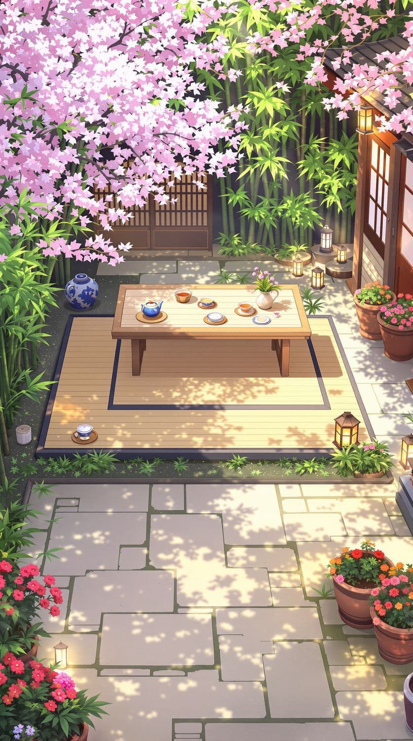 Anime Tea Ceremony in a Bamboo Grove