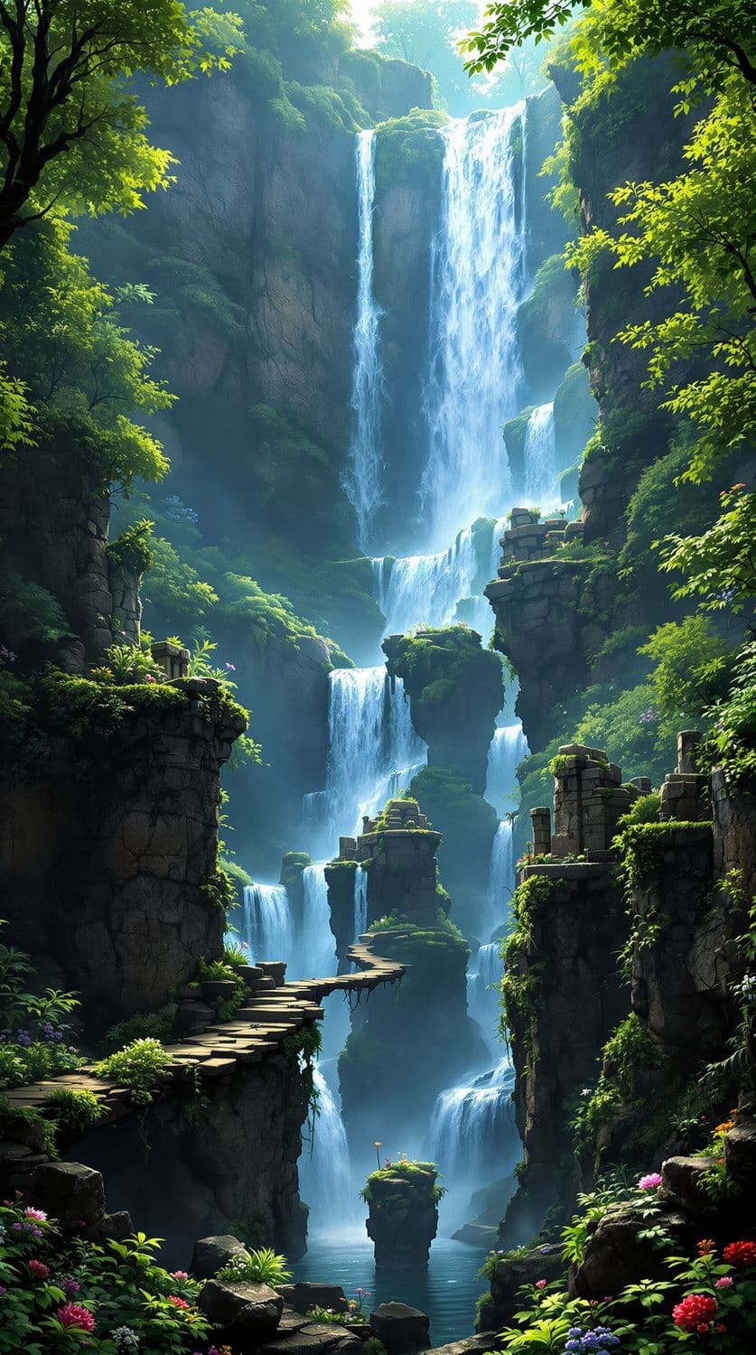 Enchanted Waterfall and Ancient Ruins