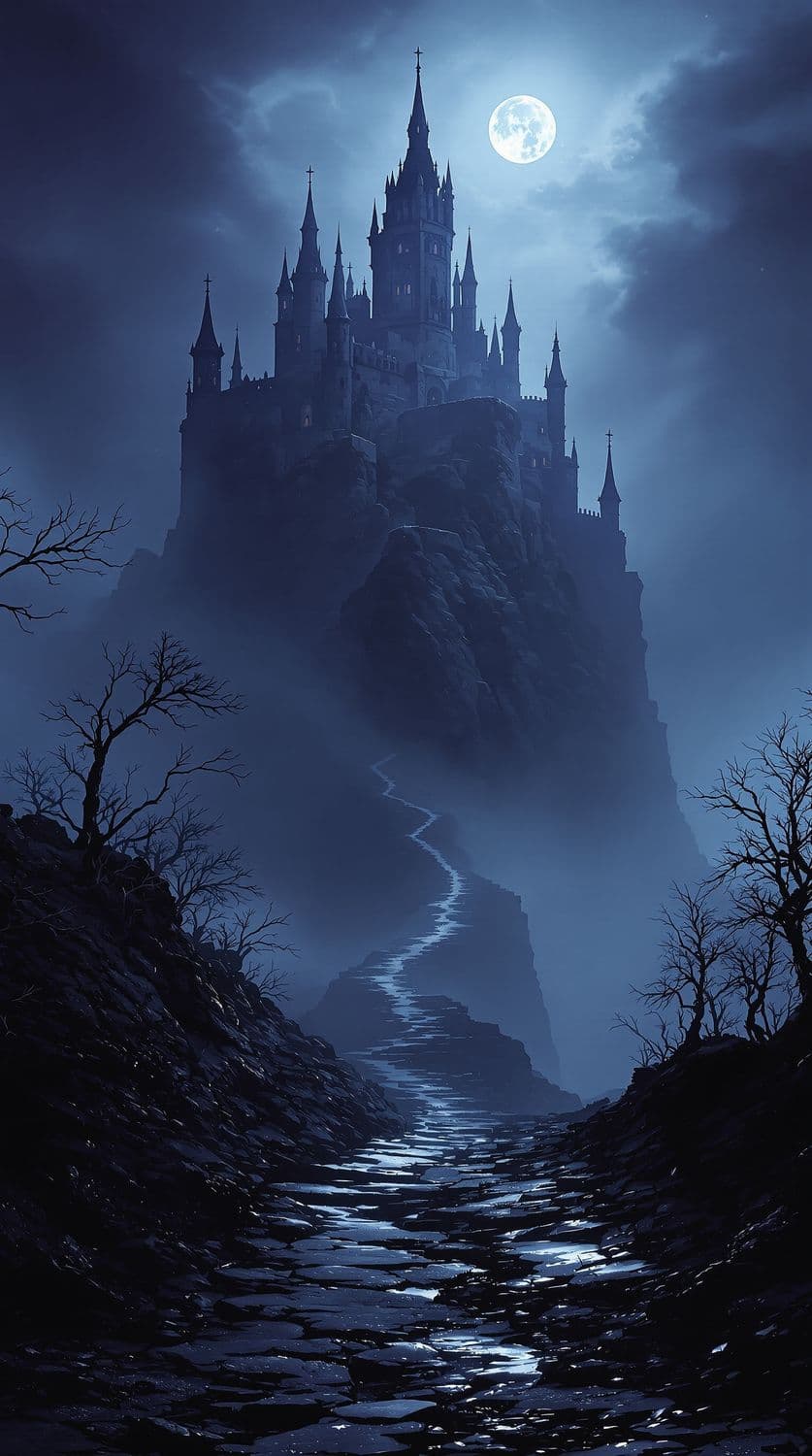 Moonlit Castle in the Mist