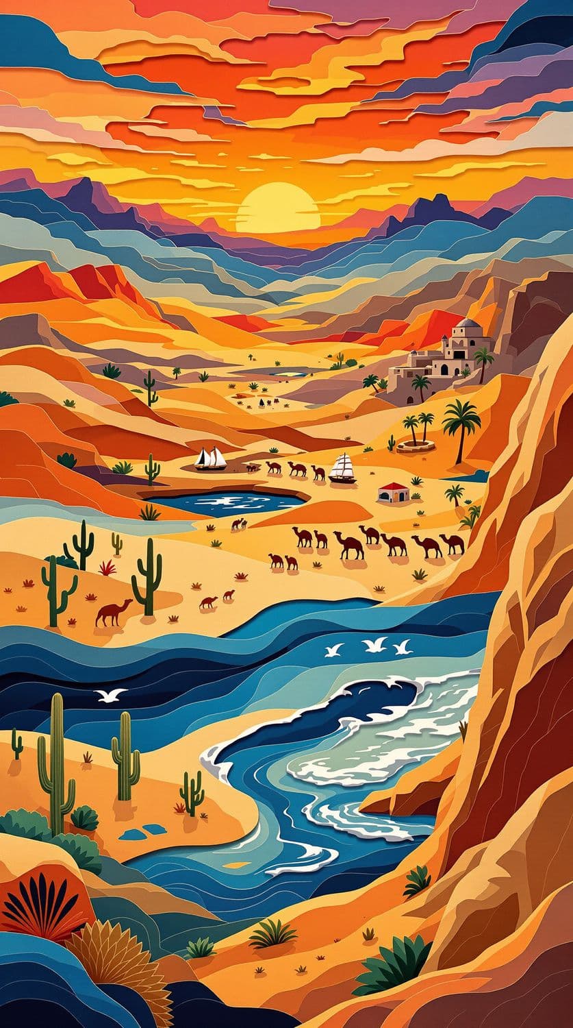 Desert Sunset in Paper-Cut