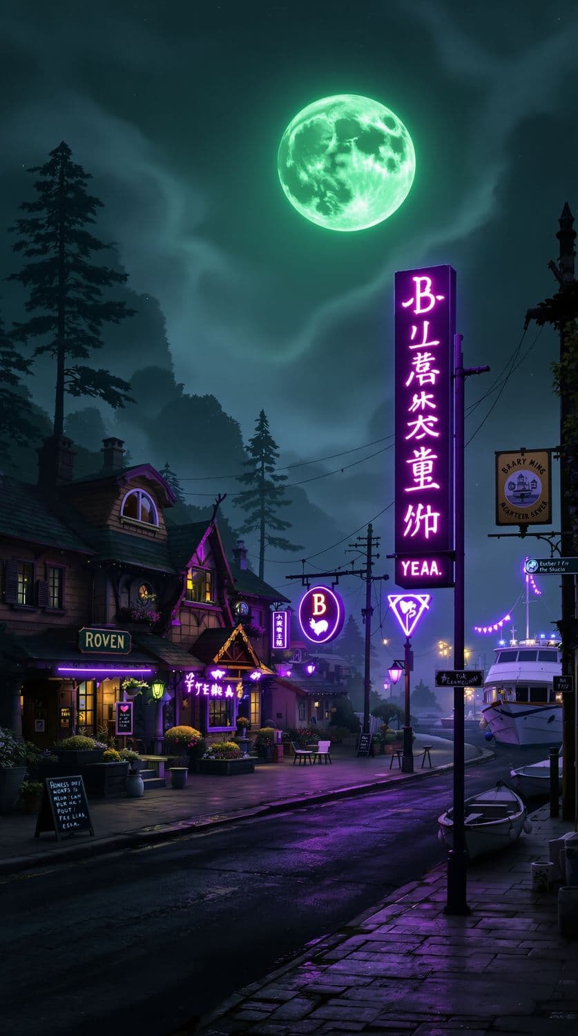 Foggy Night in a Coastal Town with Green Moon