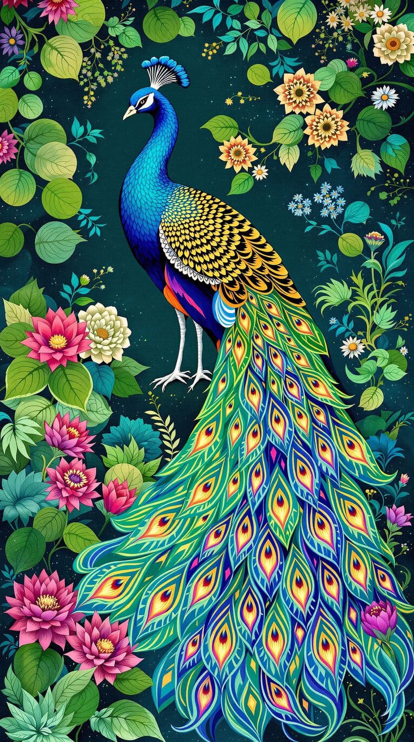 Peacock in Vibrant Garden