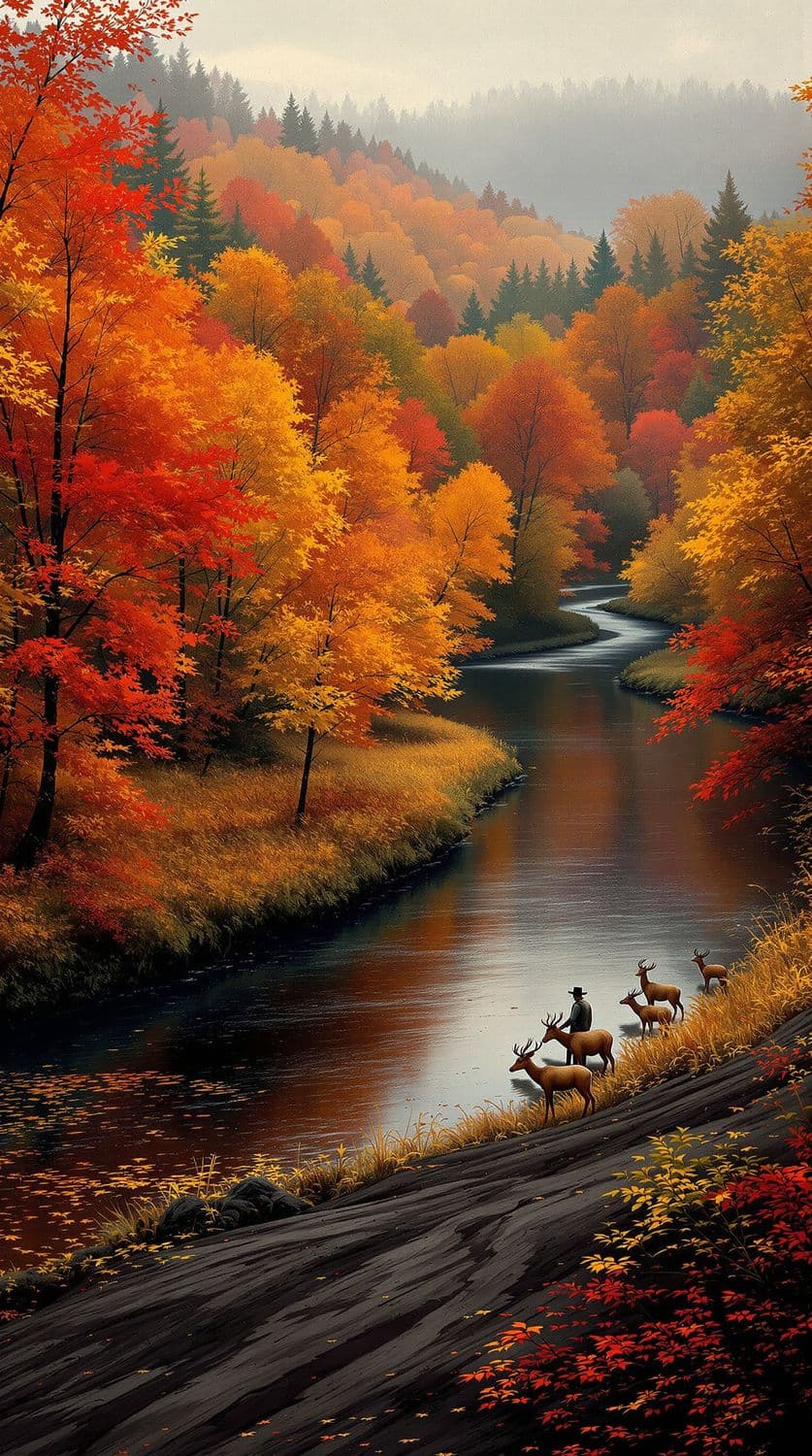 Autumn Forest with River