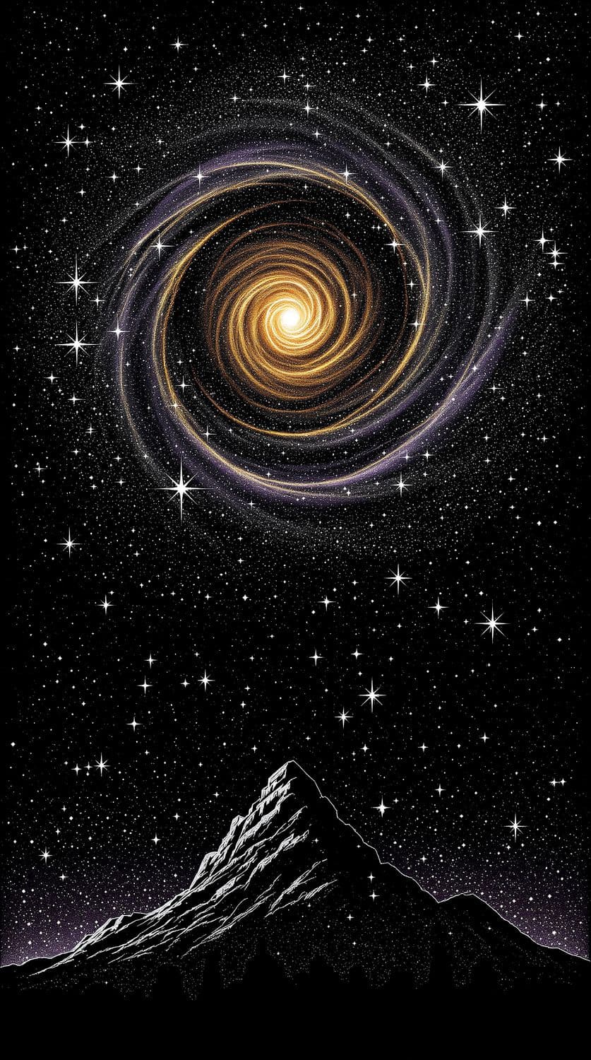 Golden Spiral Galaxy Over Cityscape