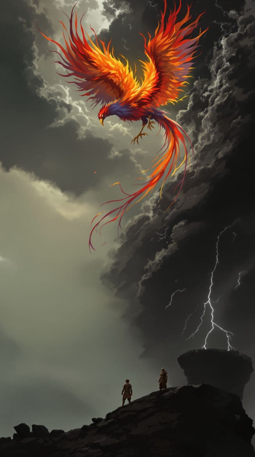 Fiery Phoenix in a Stormy Sky