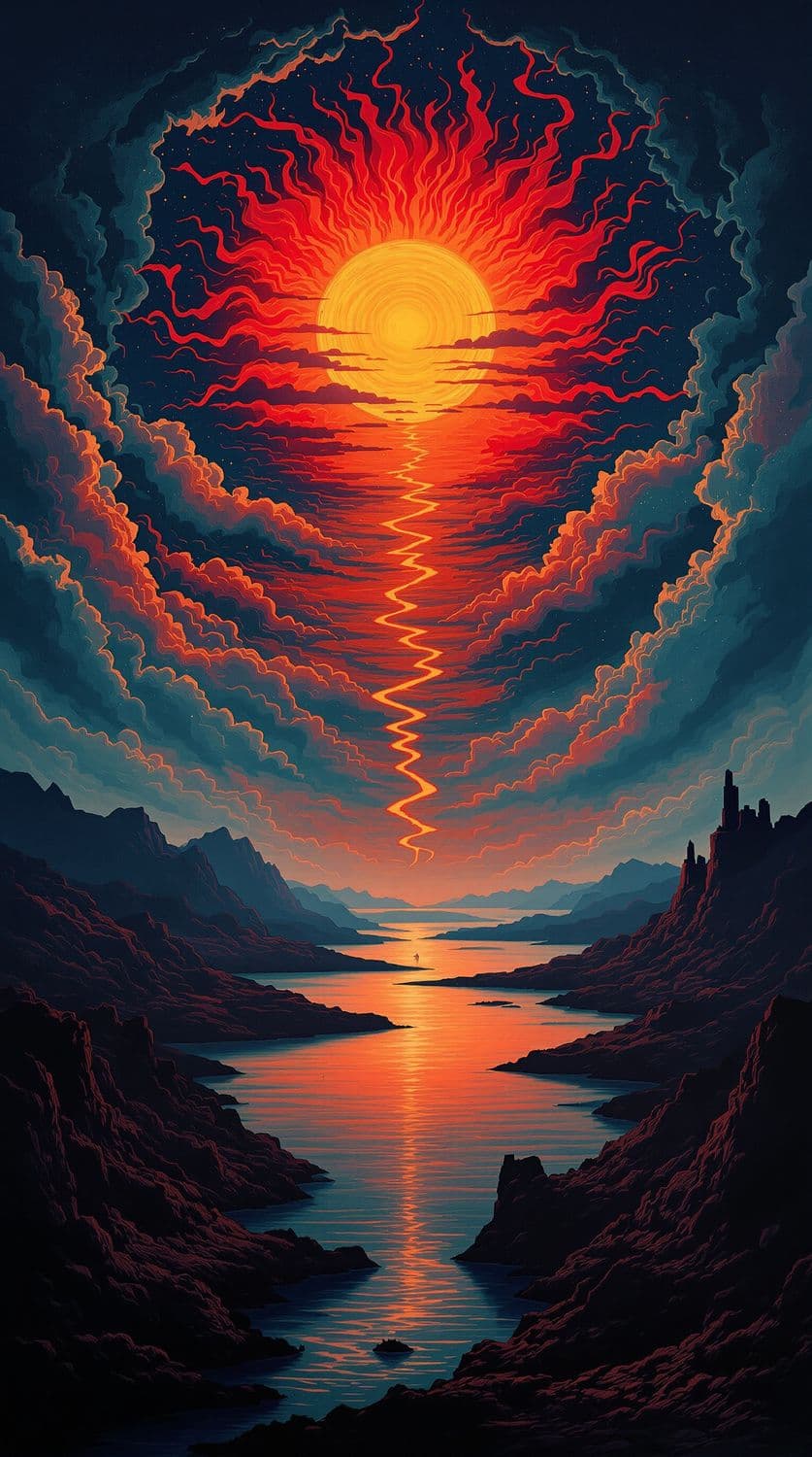 Ethereal Sunset Over Craggy Hills