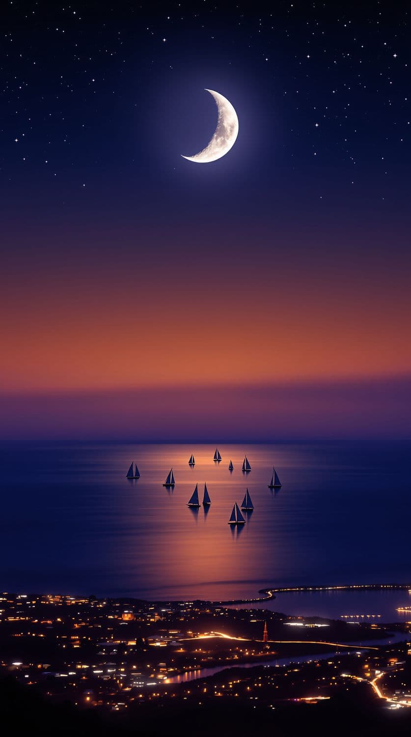 Crescent Moon Over Ocean
