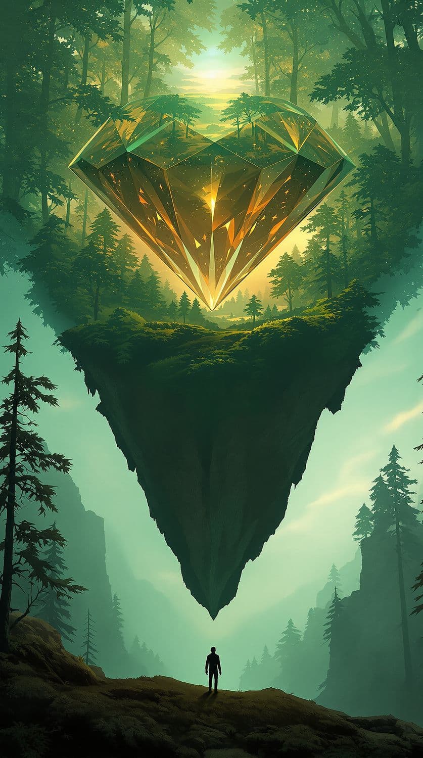 Futuristic Forest with a Levitating Diamond