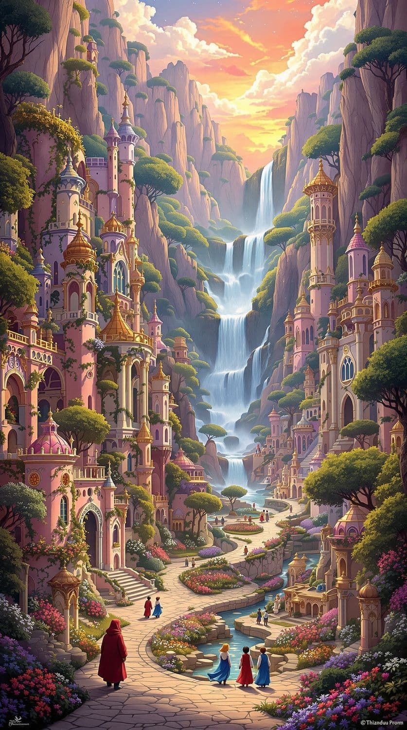 Whimsical Village at Sunset