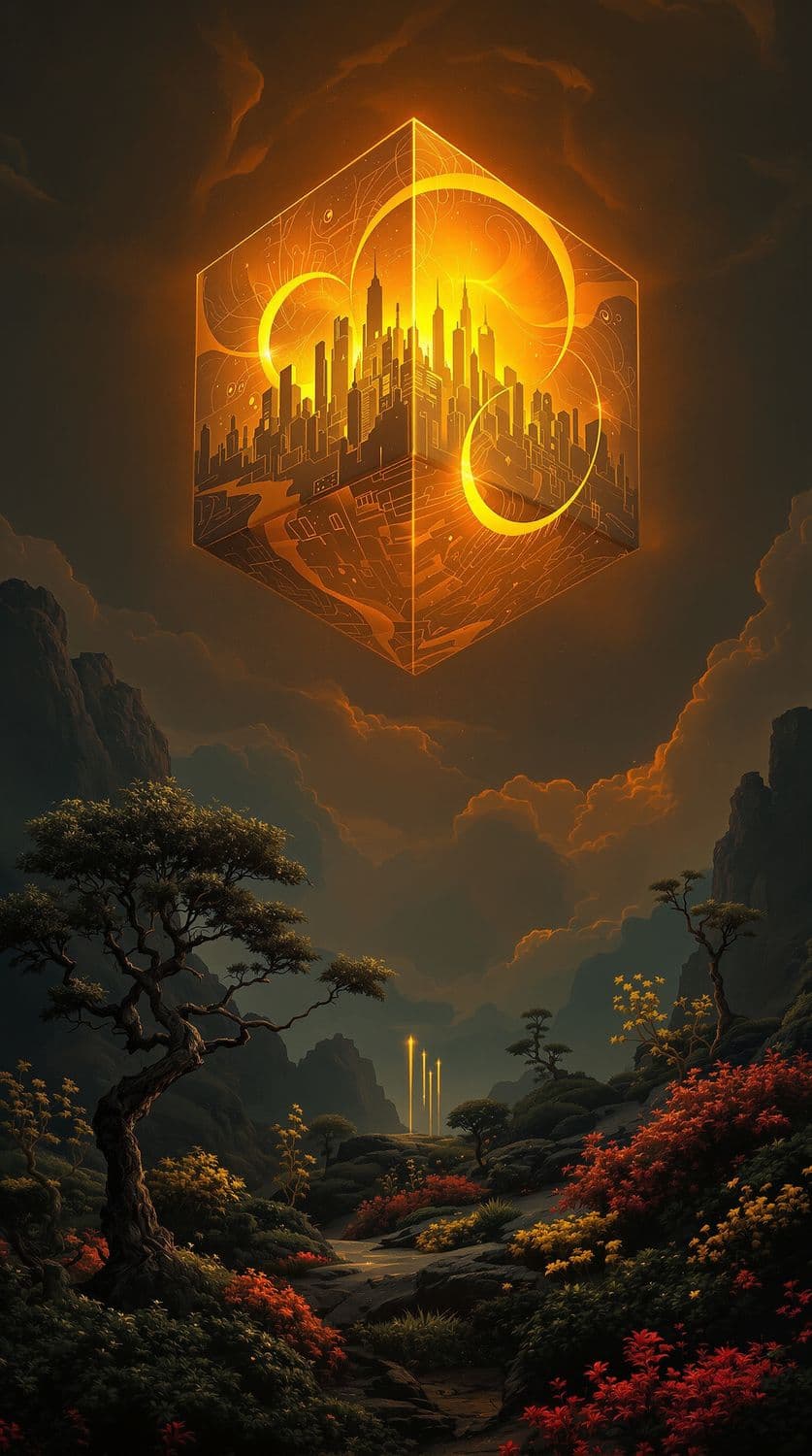 Golden Cube in a Dreamlike Sky