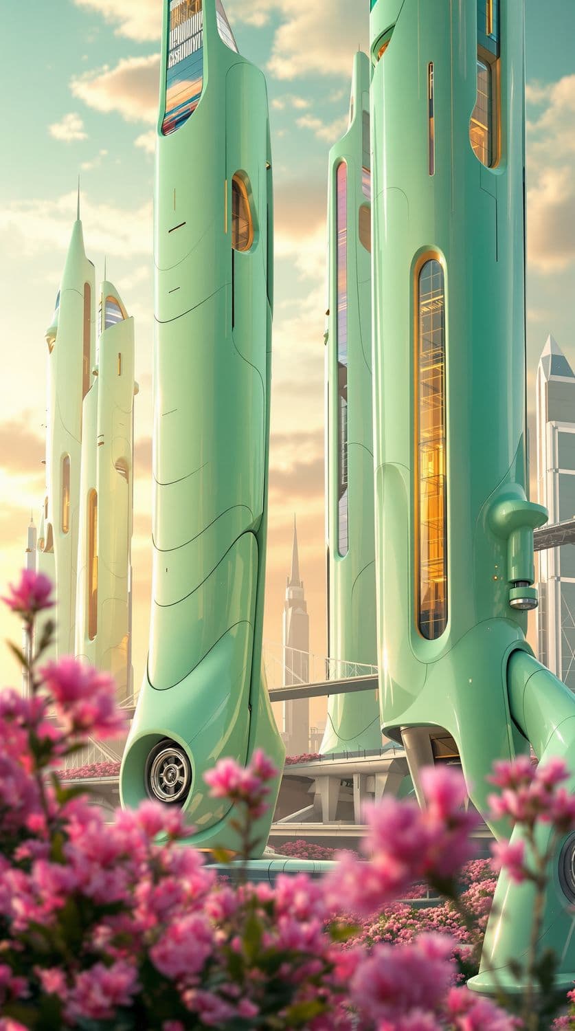 Futuristic Cityscape with Mint Green Skyscrapers