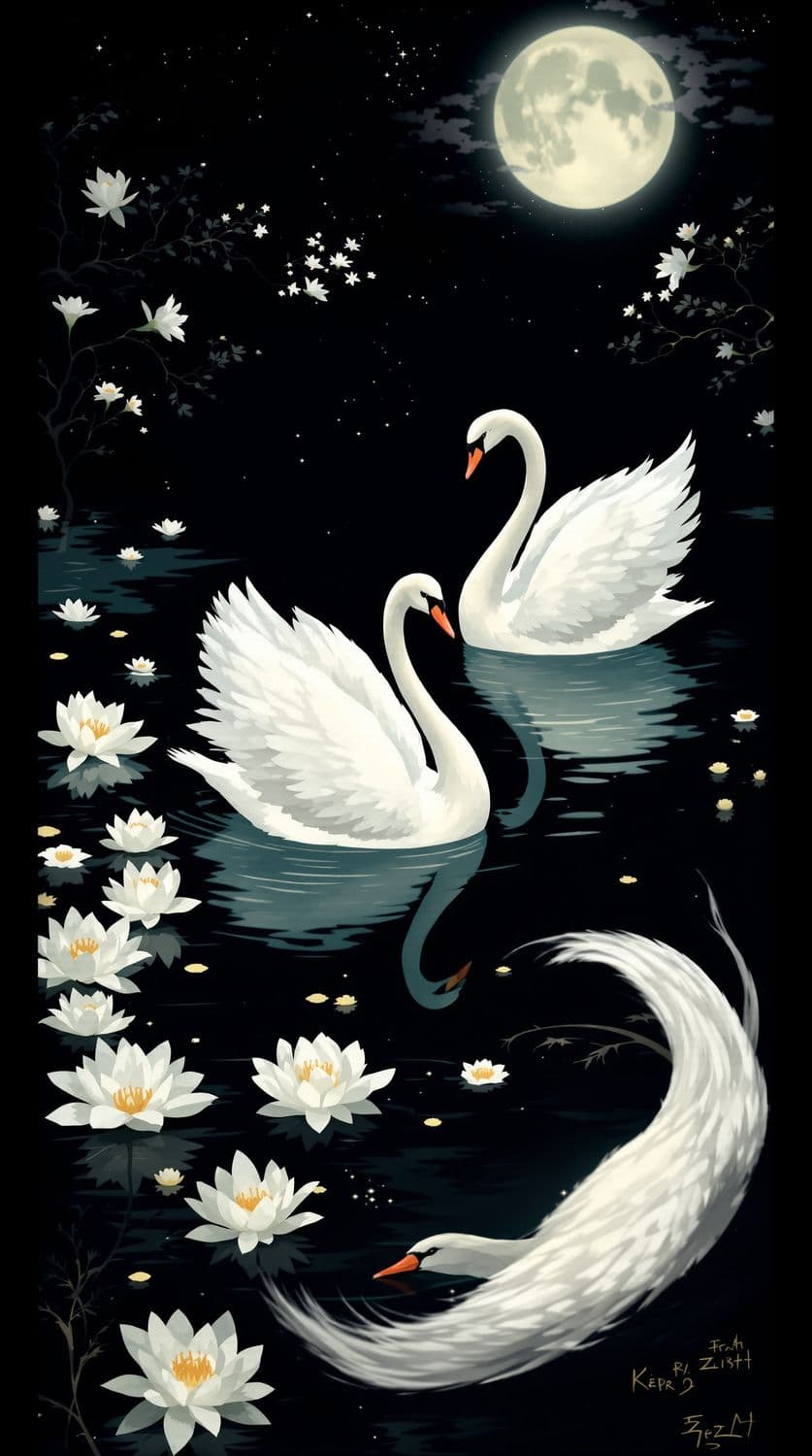 Swans on Moonlit Lake