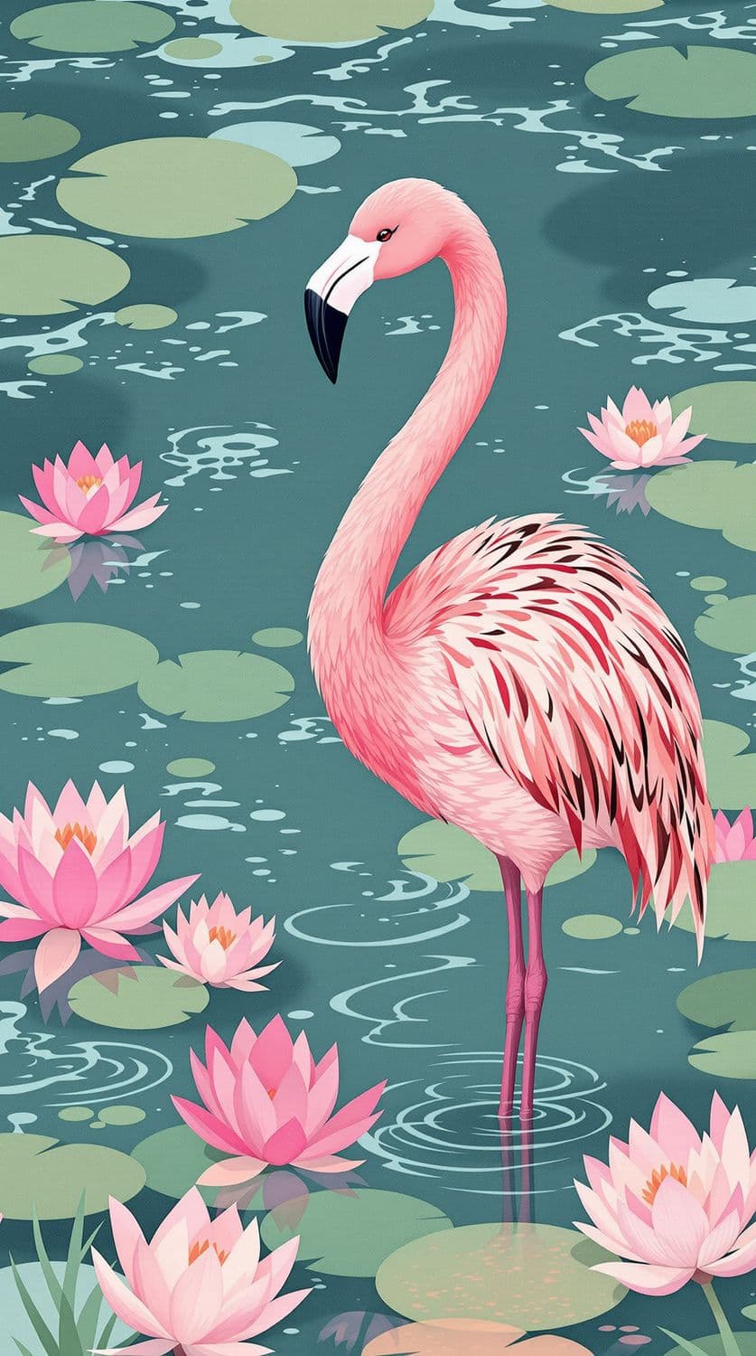 Flamingo in Lotus Marsh
