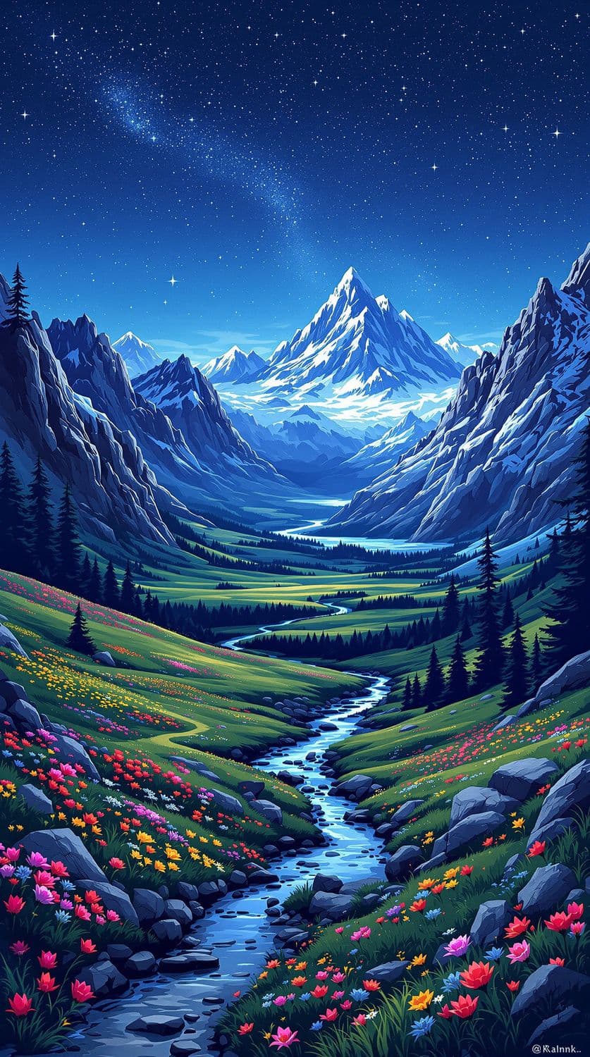 Twilight Meadow and Mountains