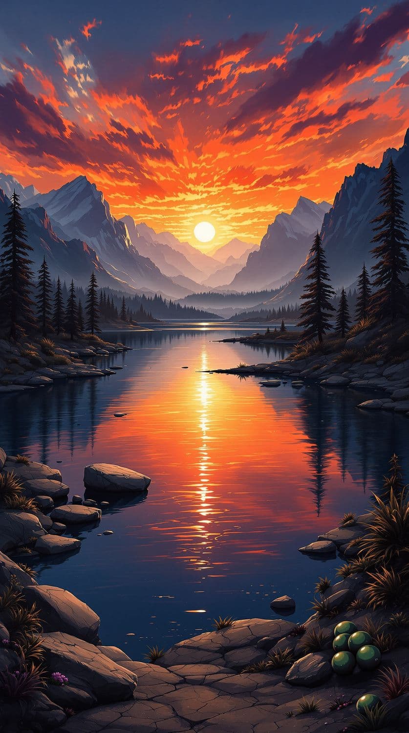 Sunset Over Mountain Lake