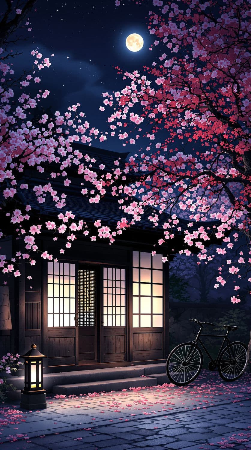 Serene Japanese Tea House Under Cherry Blossoms