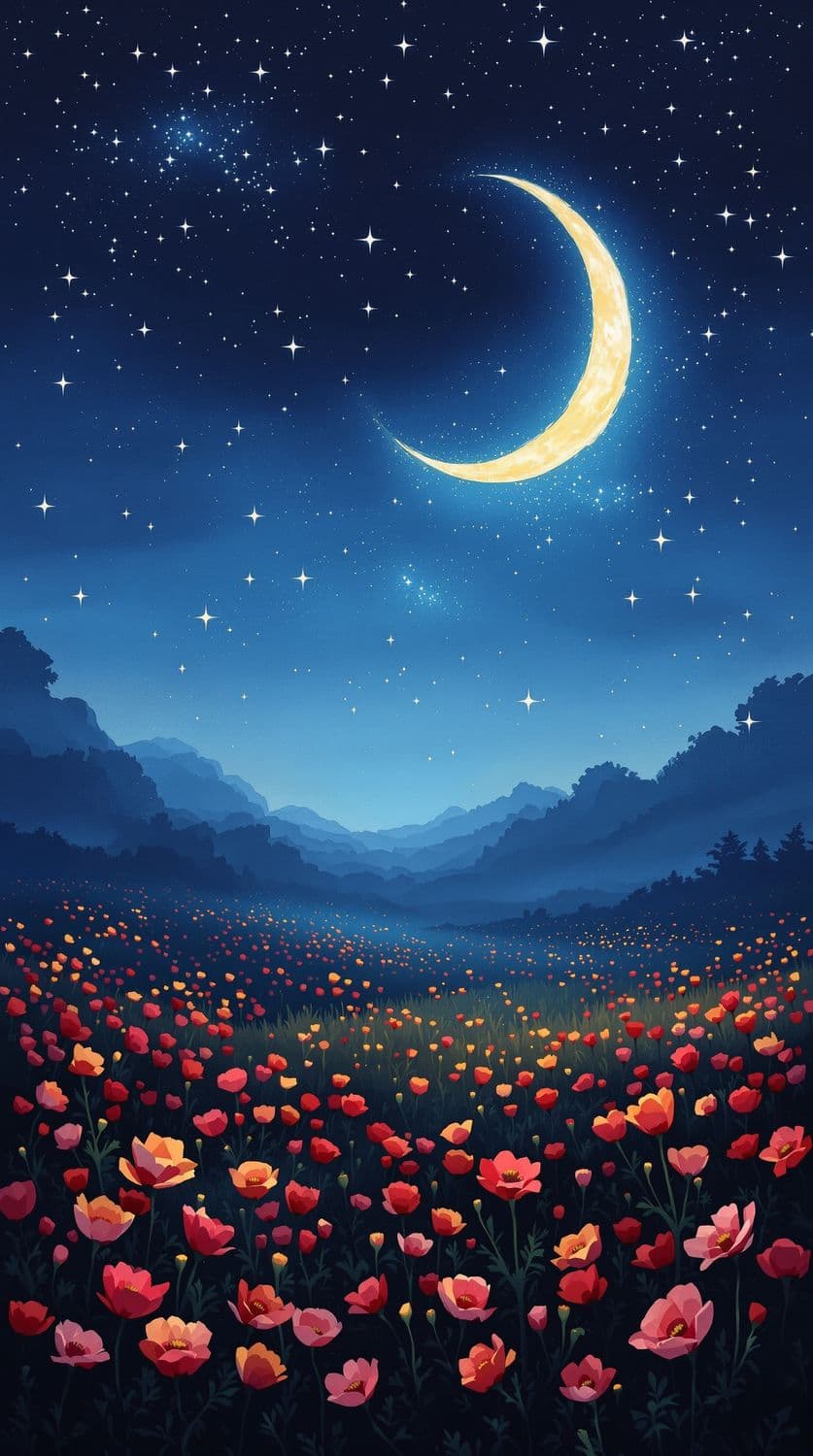 Poppy Field Under the Crescent Moon