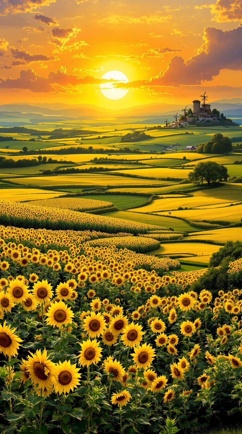 Sunset Over Sunflower Fields