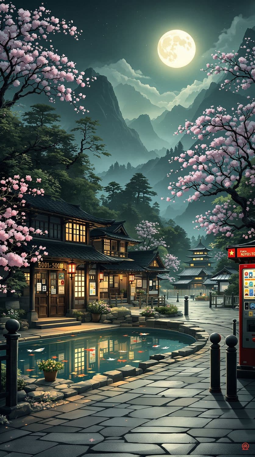 Tranquil Asian Village Under Moonlight