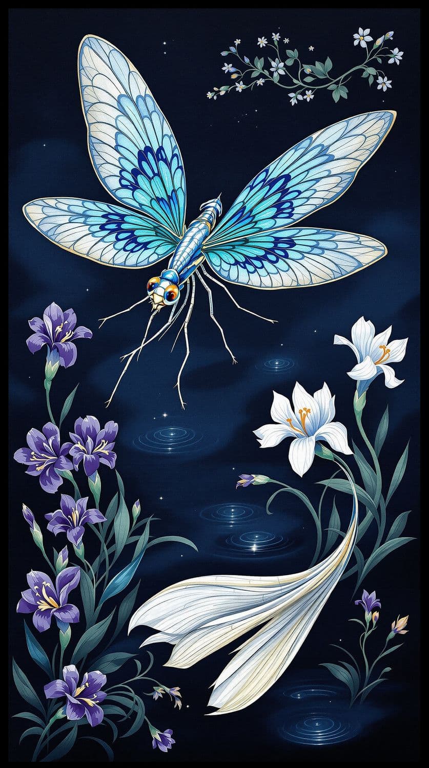 Dragonfly and Irises at Dusk
