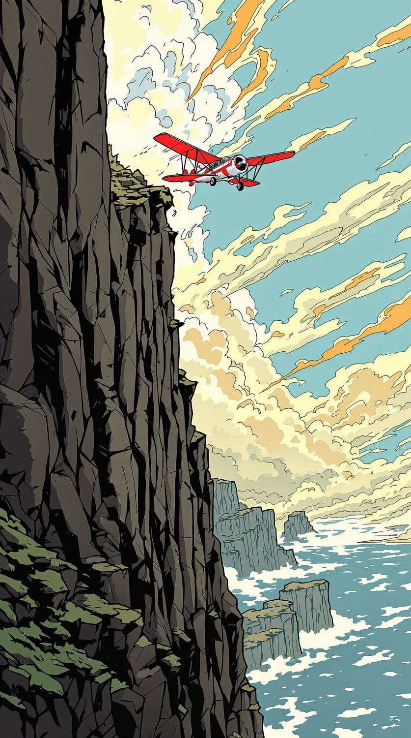 Biplane Adventure Near the Cliff