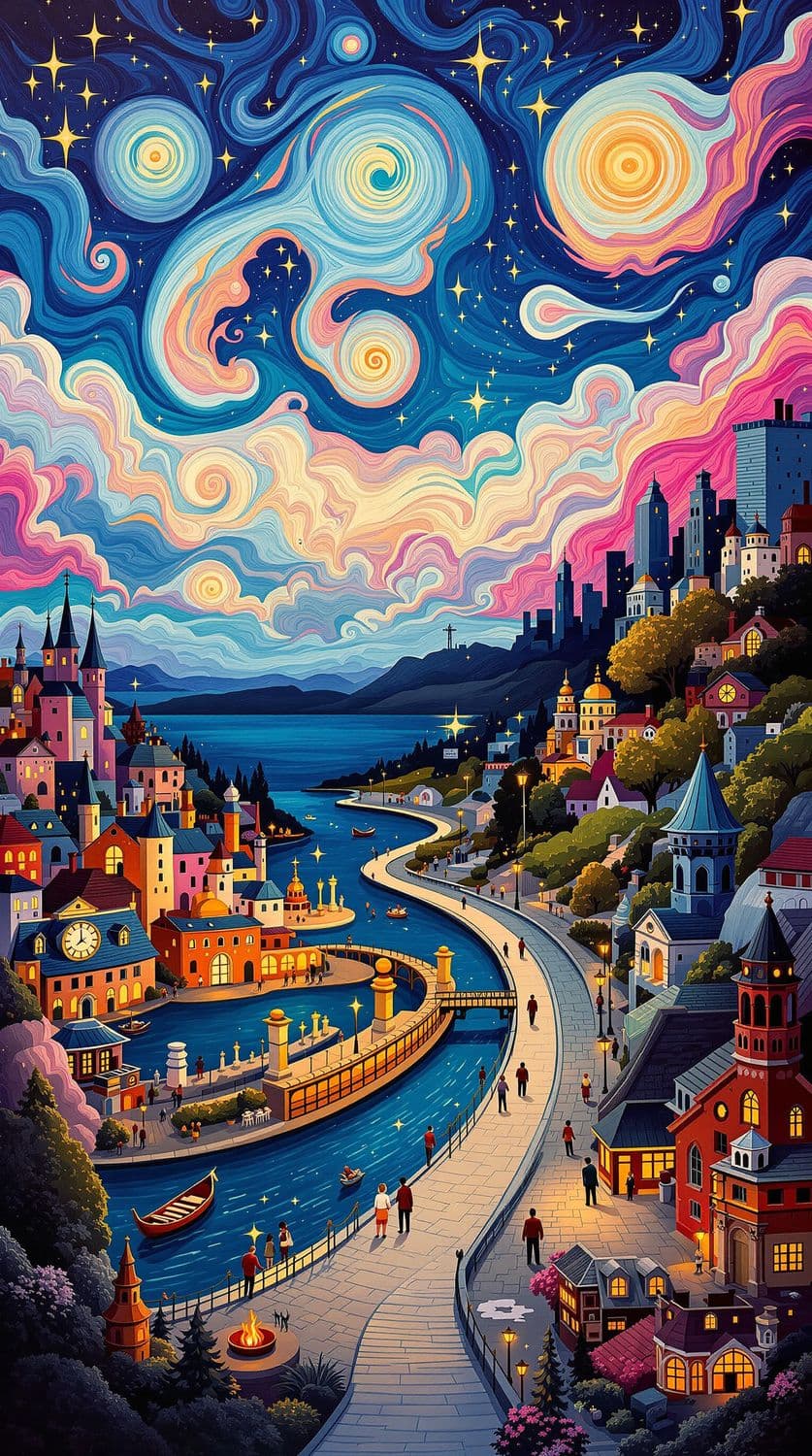 Whimsical Cityscape at Dusk