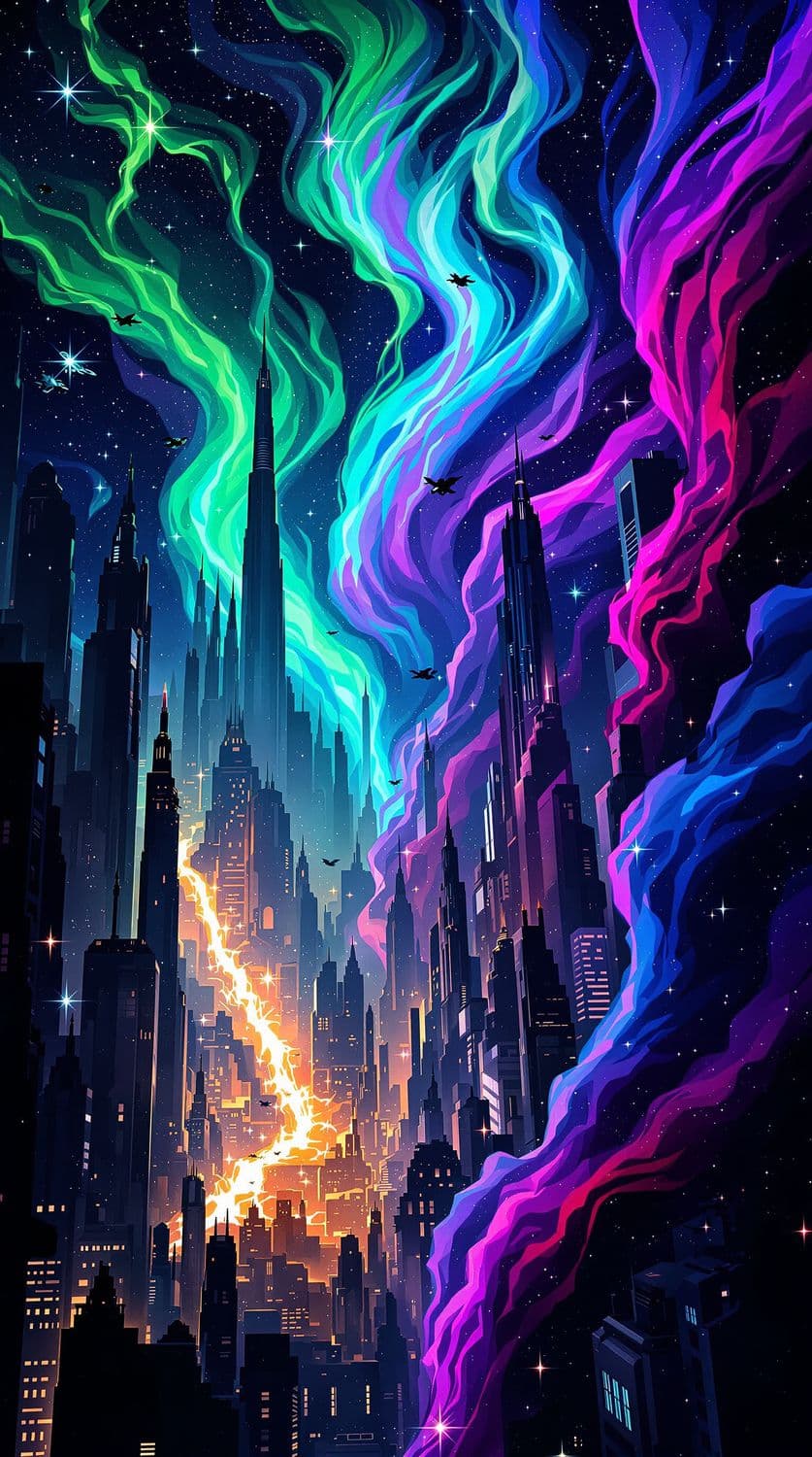 Futuristic City Under Aurora
