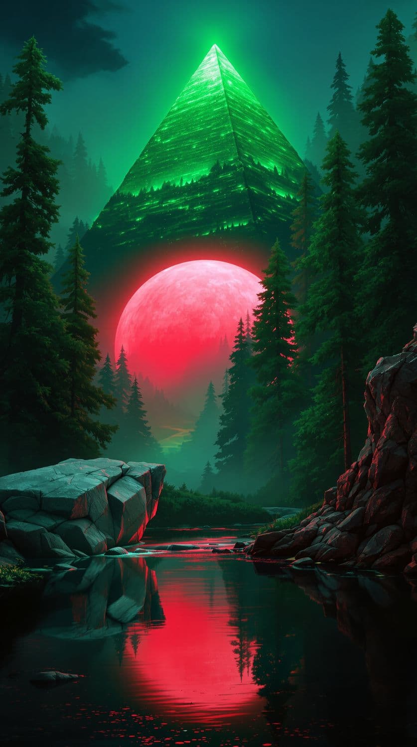 Emerald Pyramid in Misty Forest