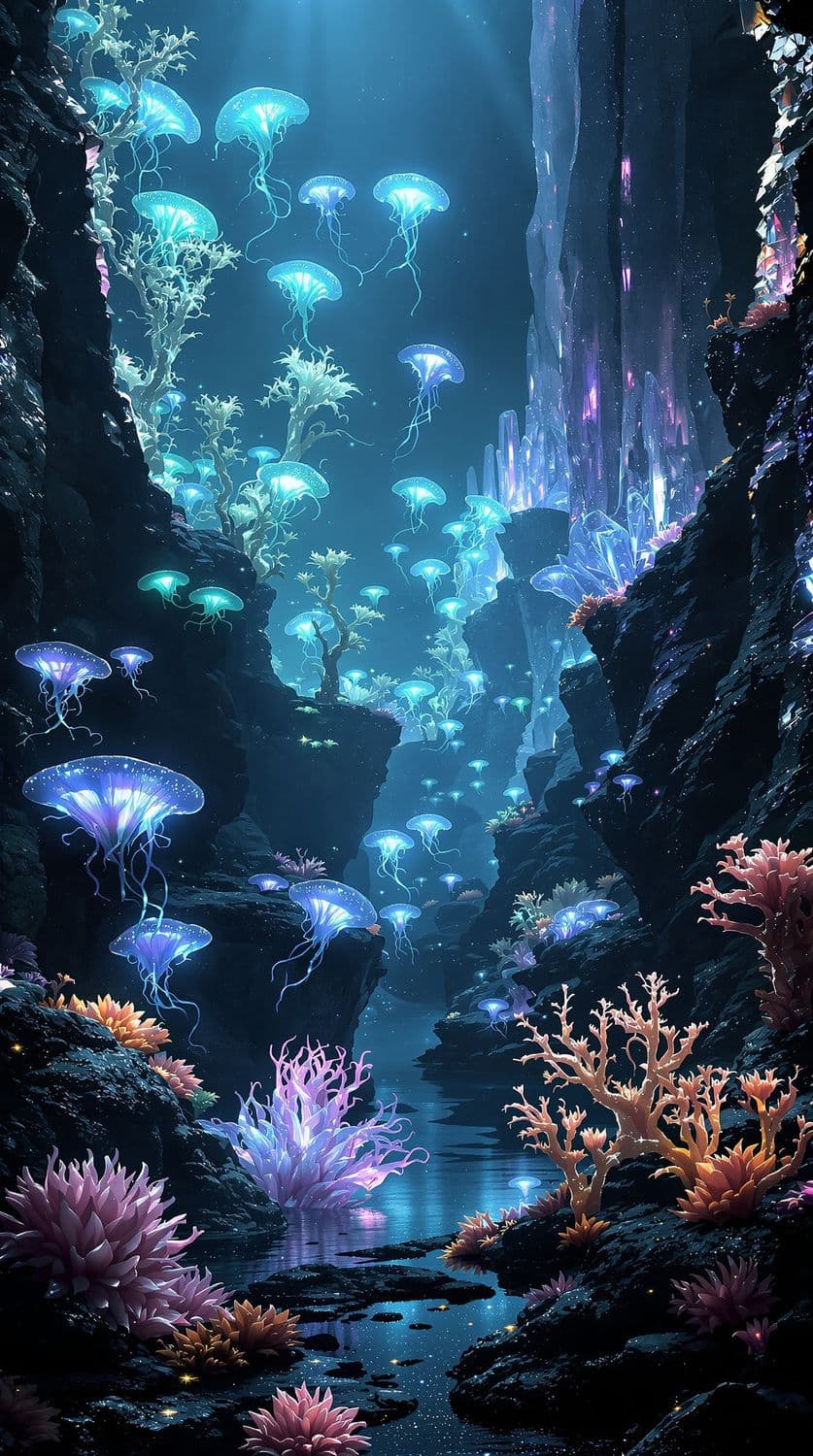 Alien Ocean with Luminescent Flora