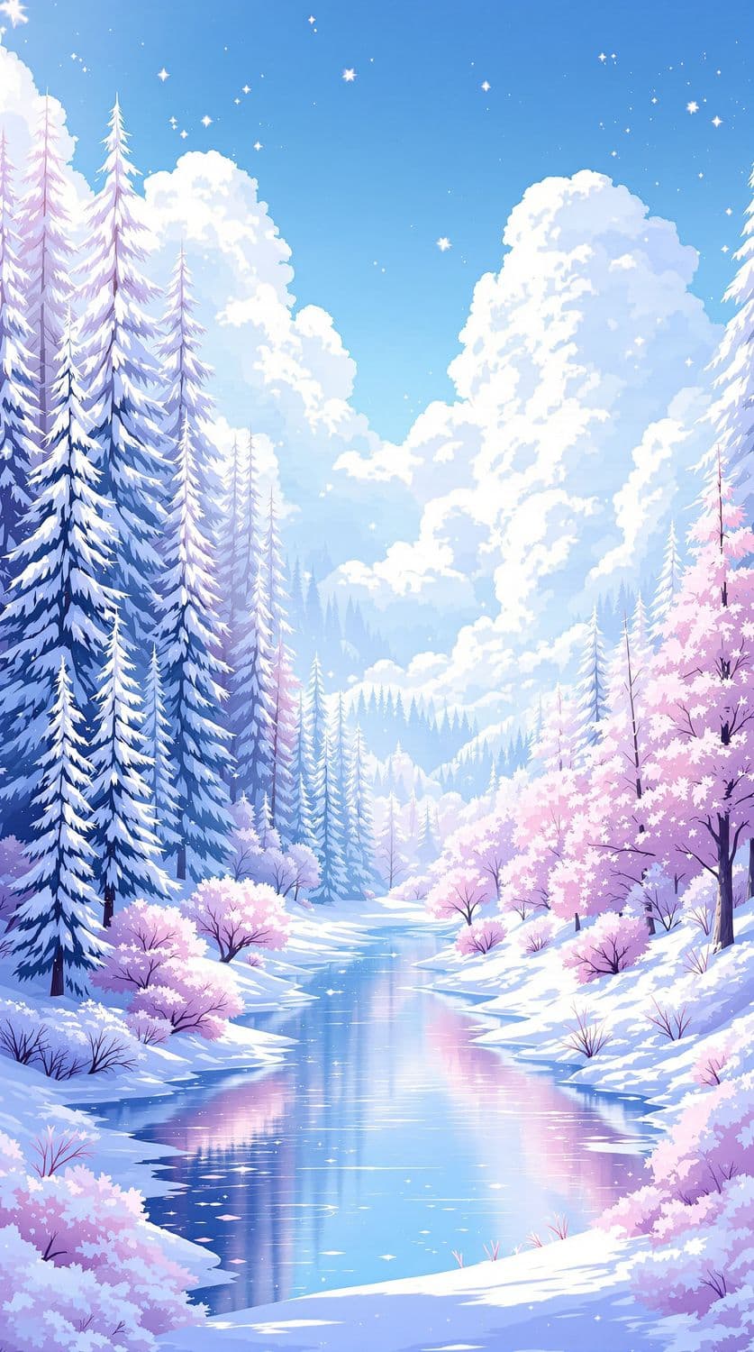 Frozen Lake in Winter Forest