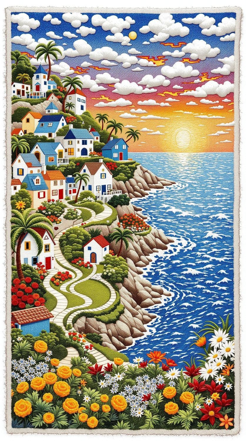 Sunset Coastal Town Embroidery