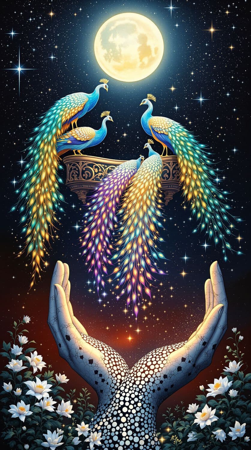 Moonlit Peacocks on an Ornate Balcony
