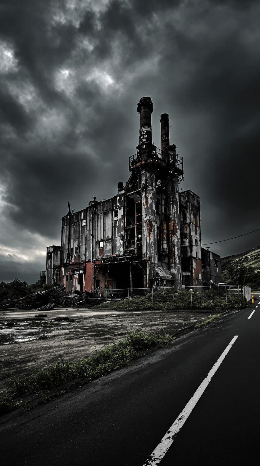 Derelict Factory Under Stormy Sky