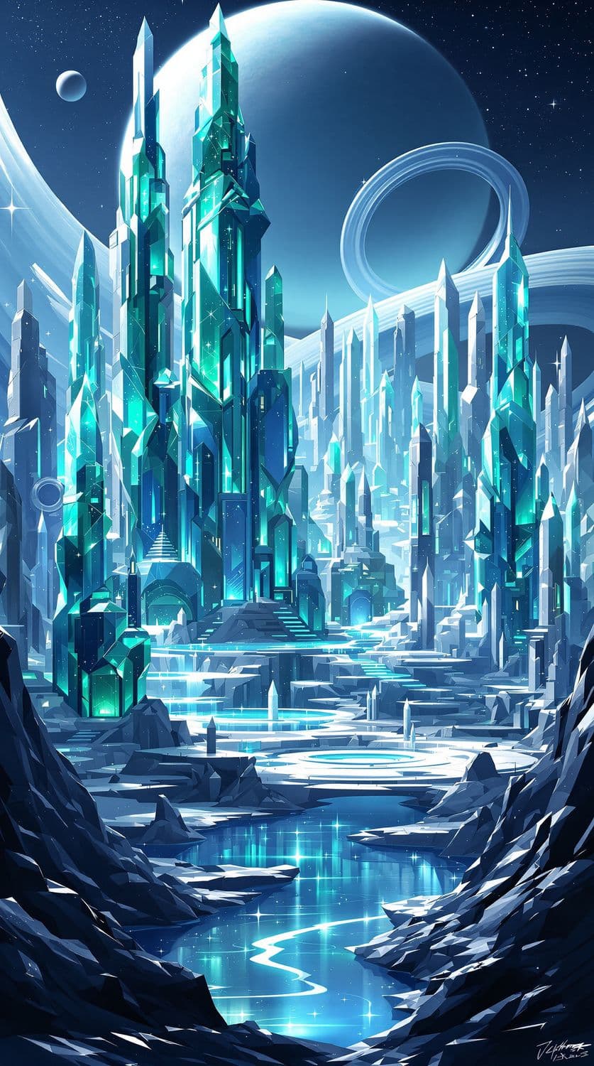Alien Crystal City with Ringed Planet