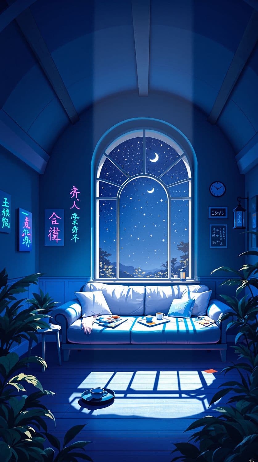 Serene Living Room Under Starry Sky