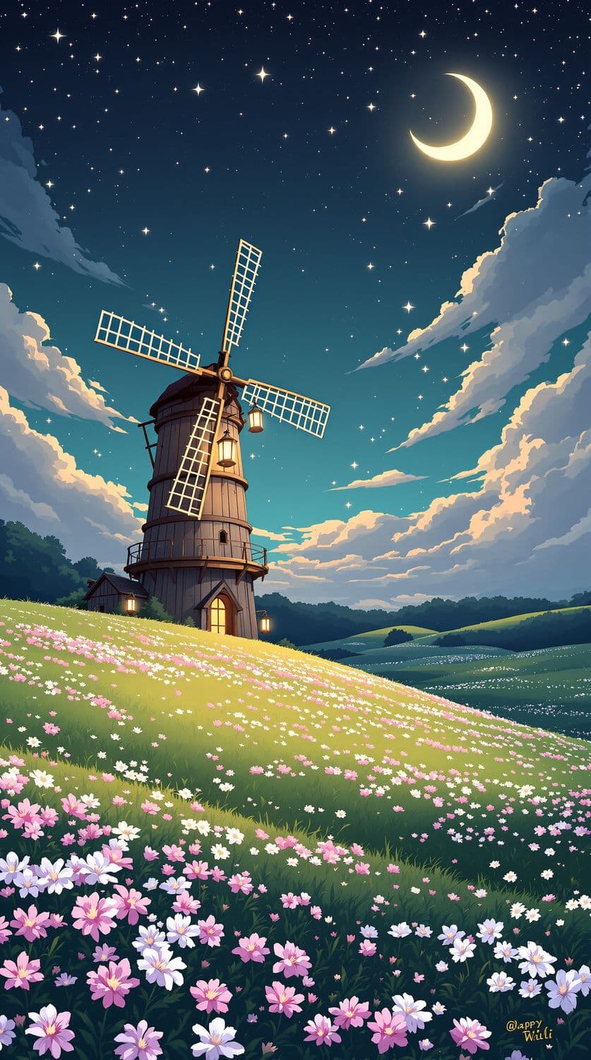 Starlit Windmill Meadow