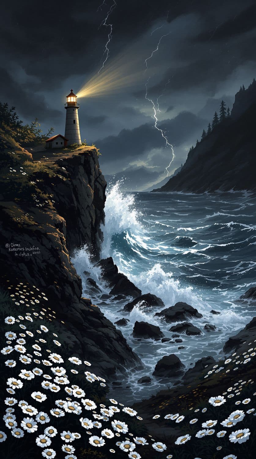 Stormy Cliffside Lighthouse