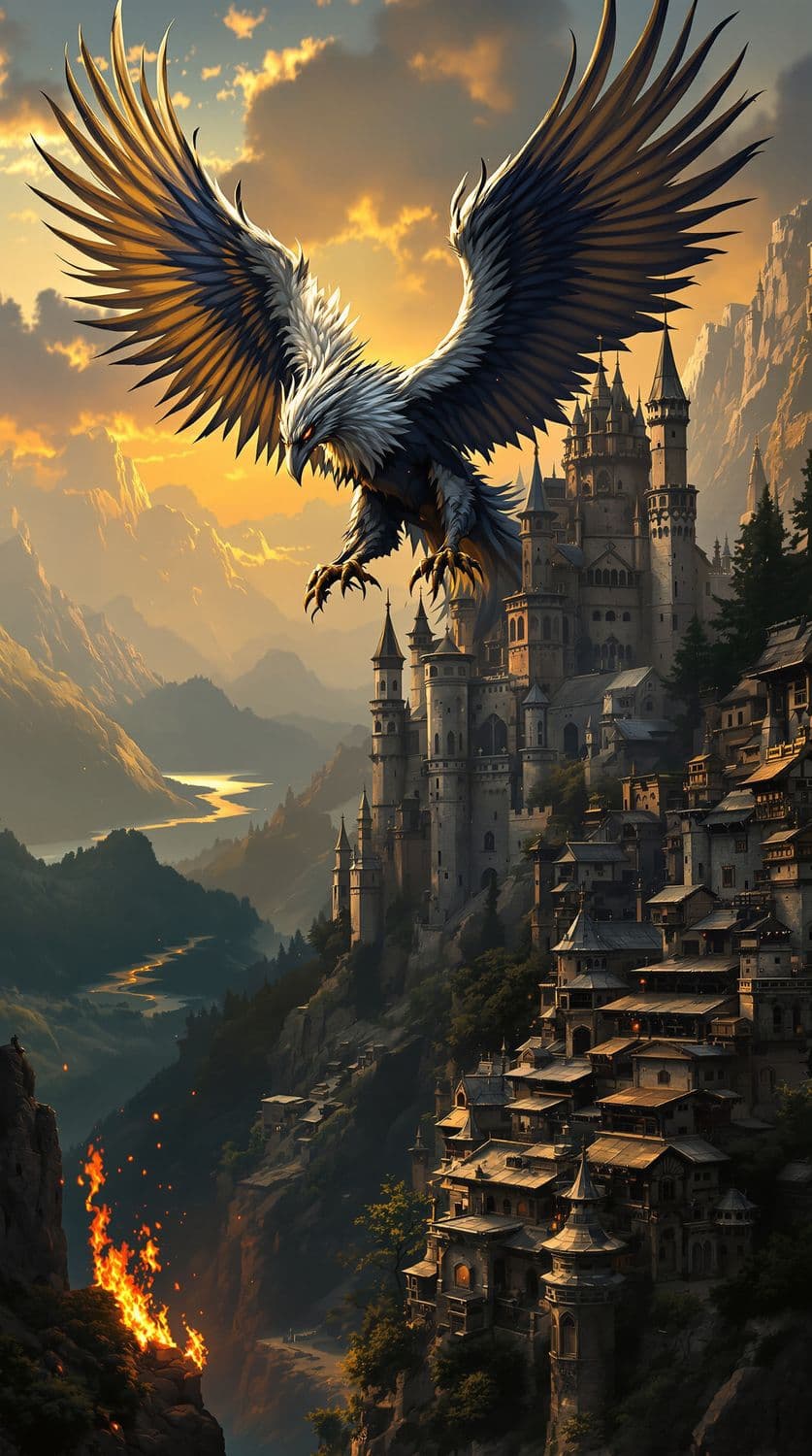 Griffin Over Dawnlit Castle