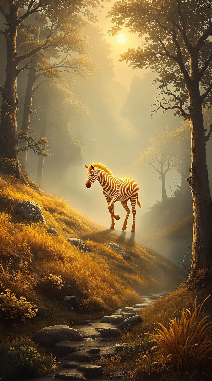 Golden Zebra in a Misty Forest
