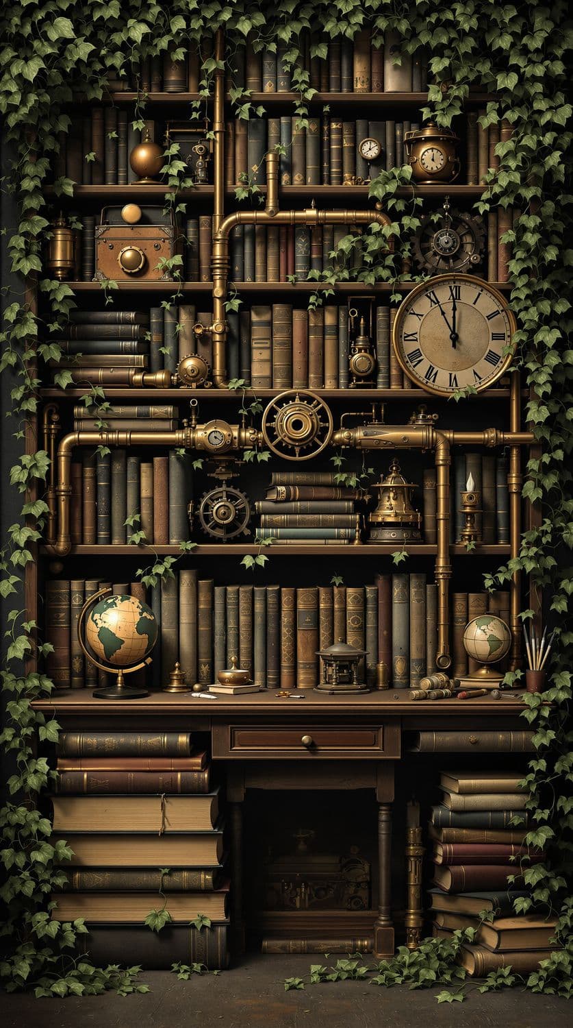 Steampunk Library with Ivy Tendrils