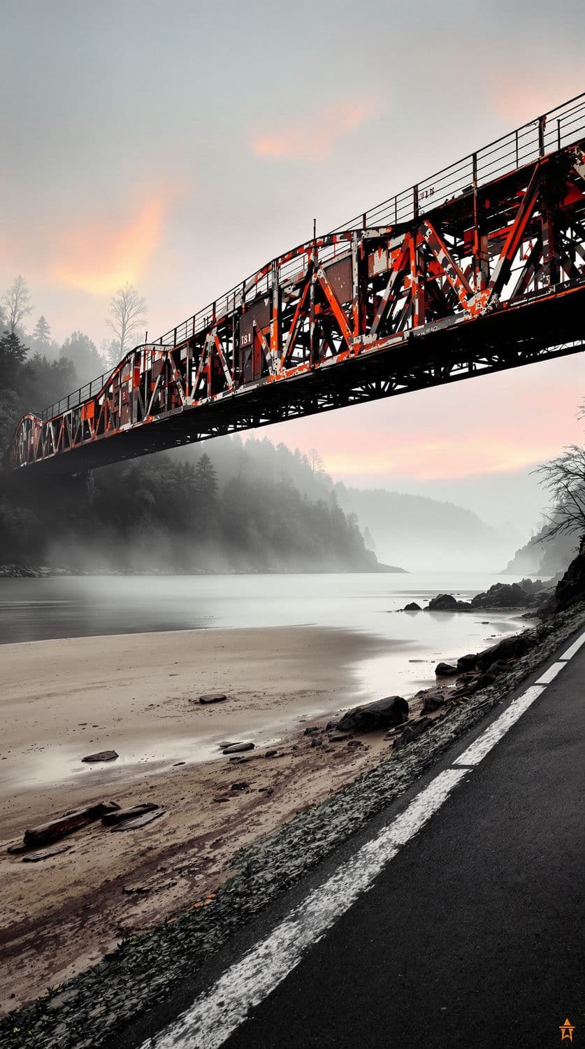 Rusting Bridge Over a Misty River